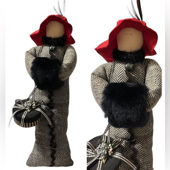 RED Hat Lady Vintage Cloth Doll with Muff and Hat Box with Hanger - Picture 1 of 10
